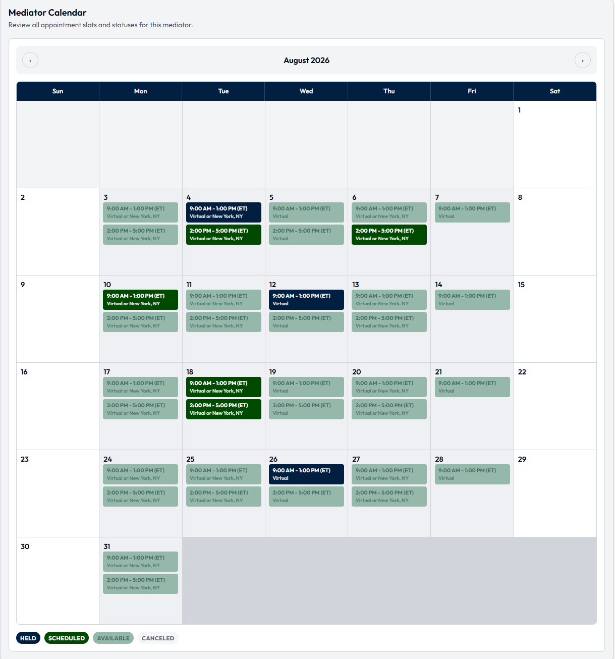 Example image of a Mediator's calendar view.