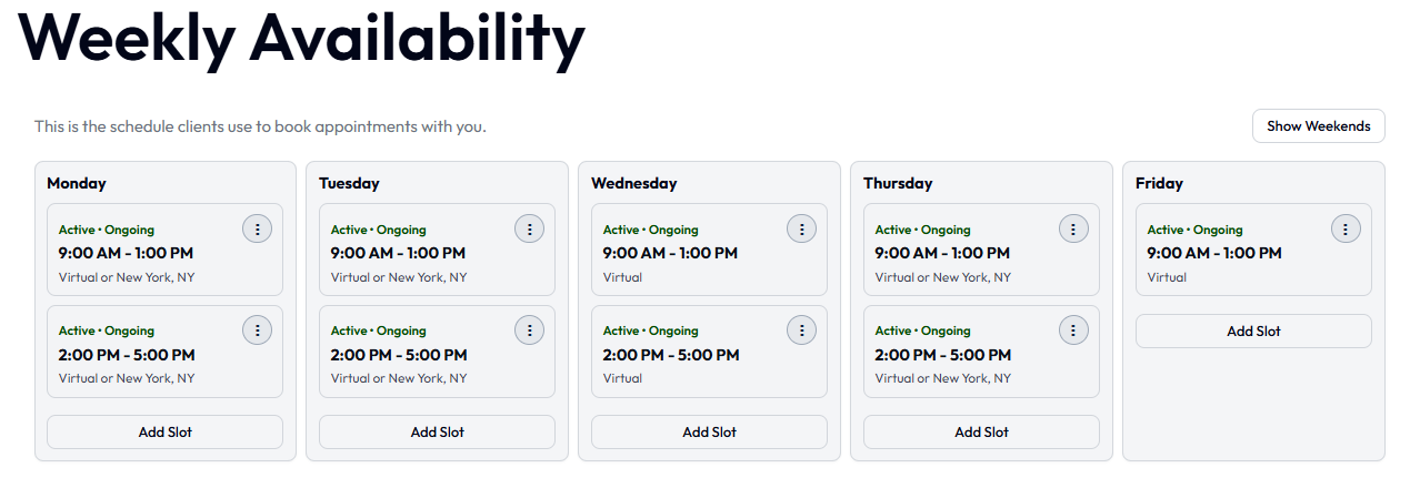 Example image of a Mediator's weekly availability screen.