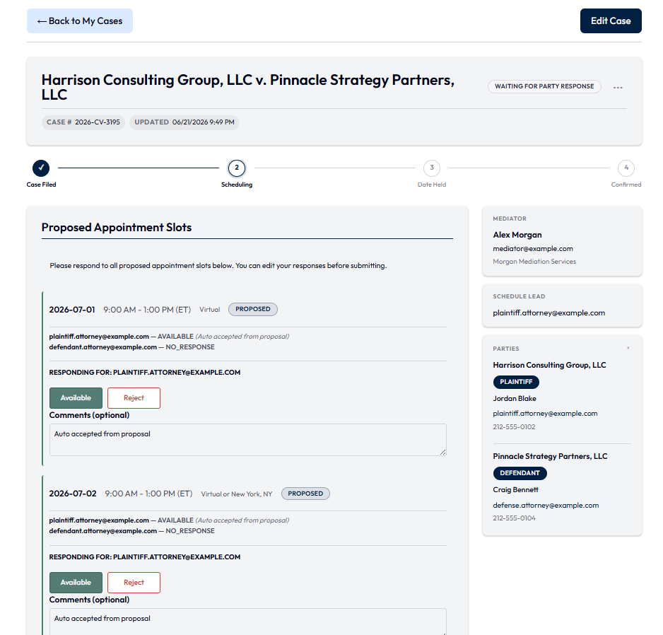 Example image of a case detail page with proposed dates.