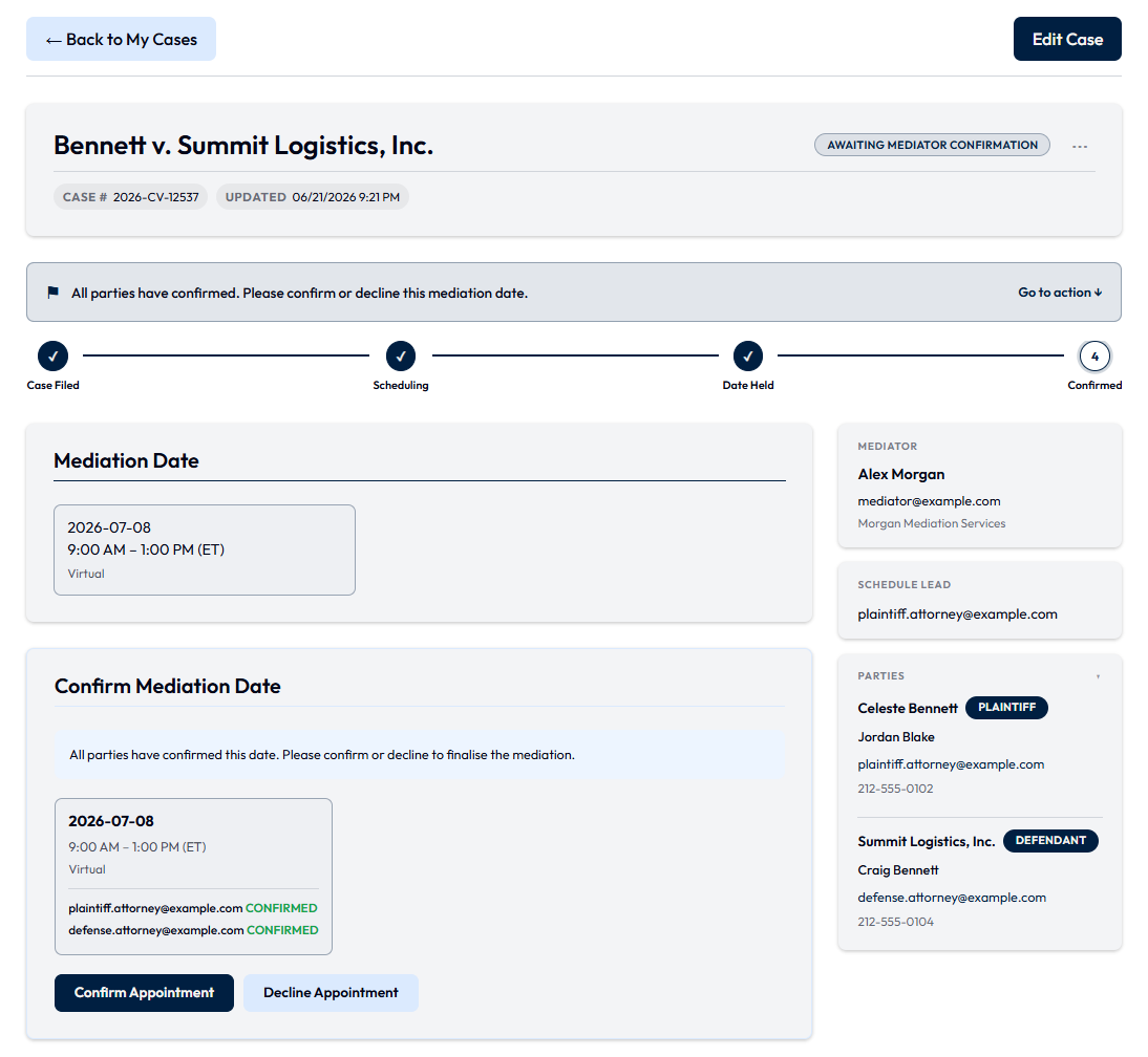 Example image of a Mediator's confirmation page.